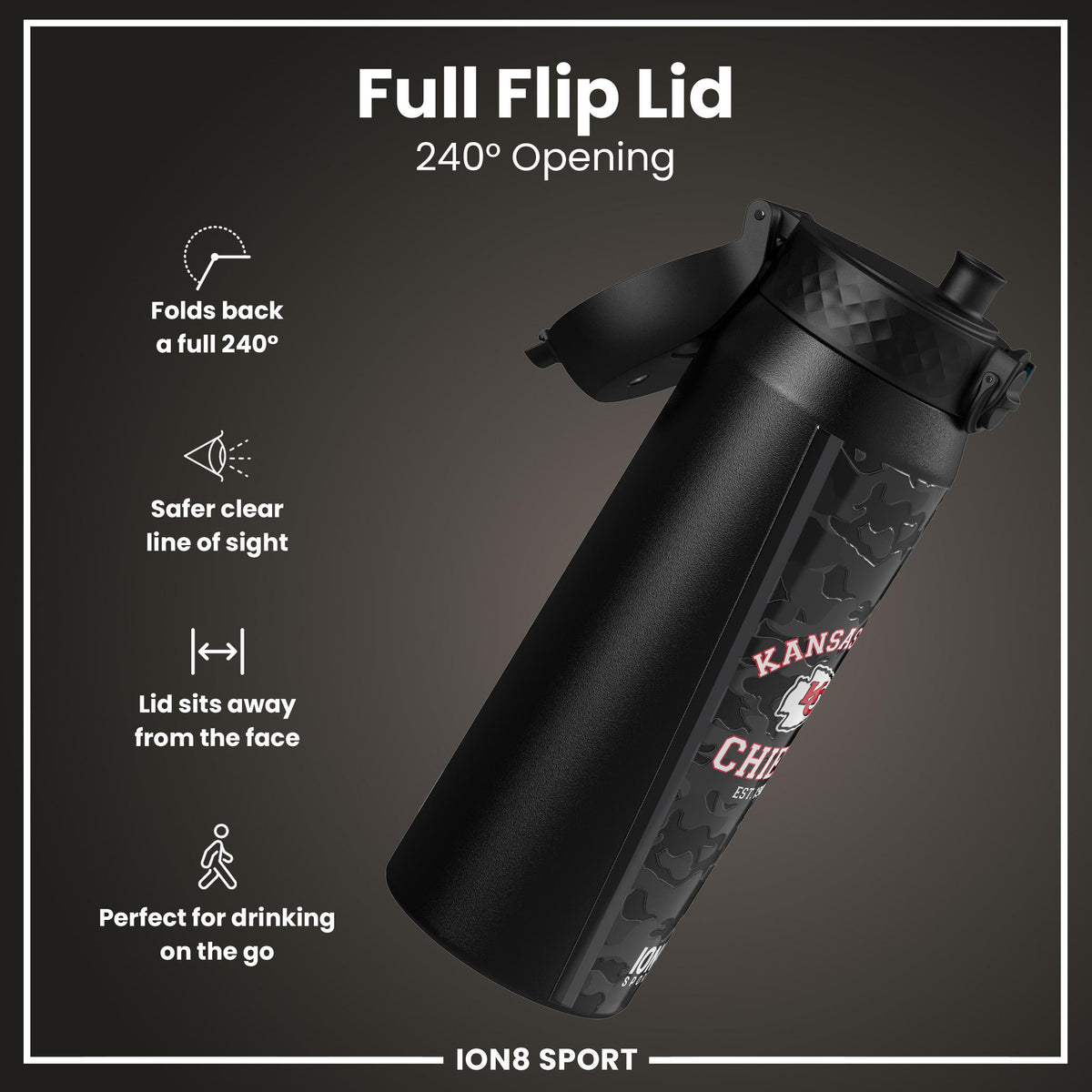 NFL x ION8 Insulated Steel Water Bottle, NFL Chiefs, 750ml (24oz)