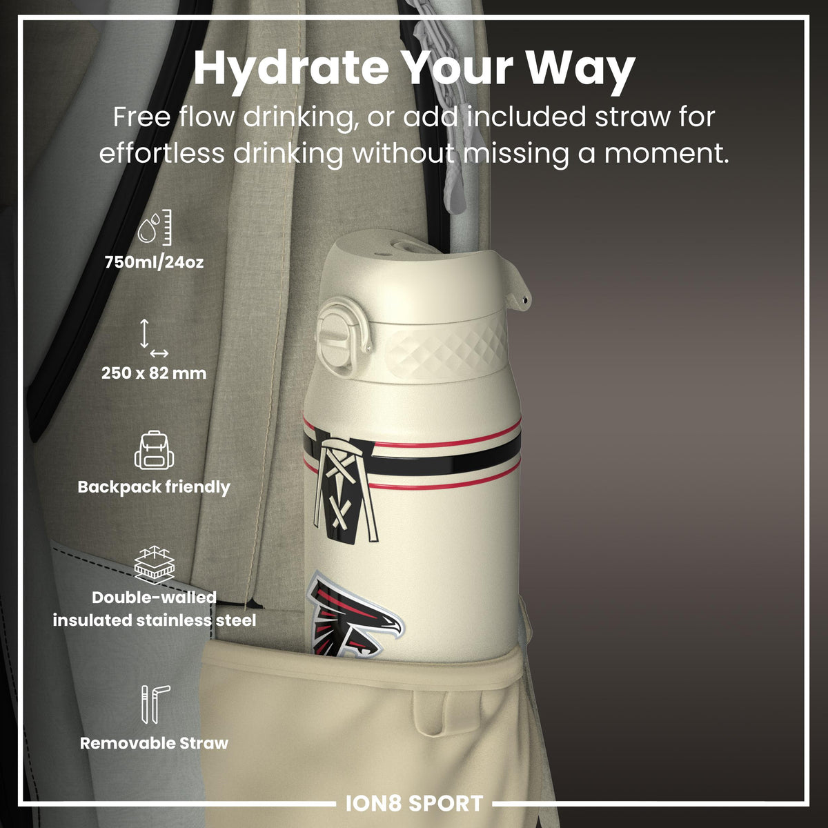 NFL x ION8 Insulated Steel Water Bottle, NFL Falcons, 750ml (24oz)