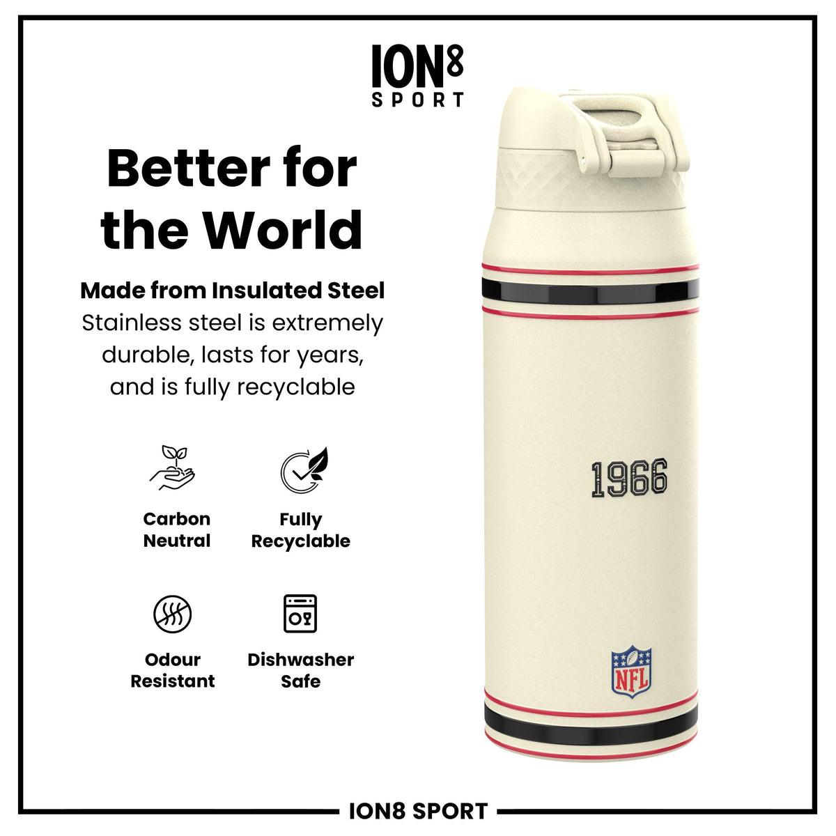 NFL x ION8 Insulated Steel Water Bottle, NFL Falcons, 750ml (24oz)
