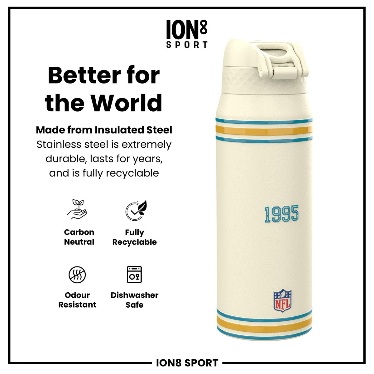 NFL x ION8 Insulated Steel Water Bottle, NFL Jaguars, 750ml (24oz)