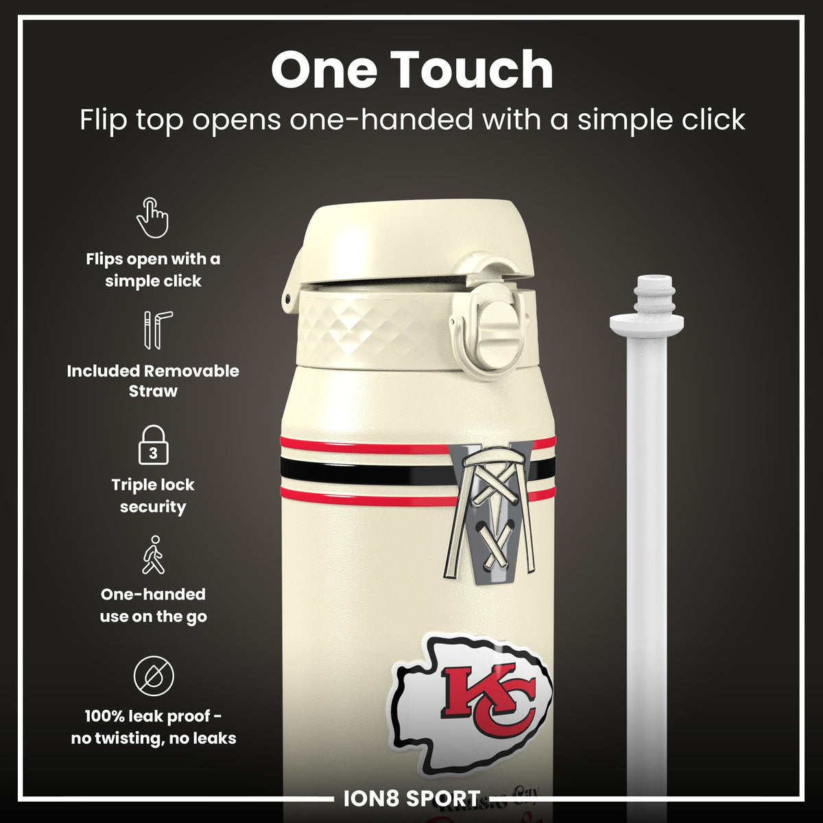 NFL x ION8 Insulated Steel Water Bottle, NFL Chiefs, 750ml (24oz)