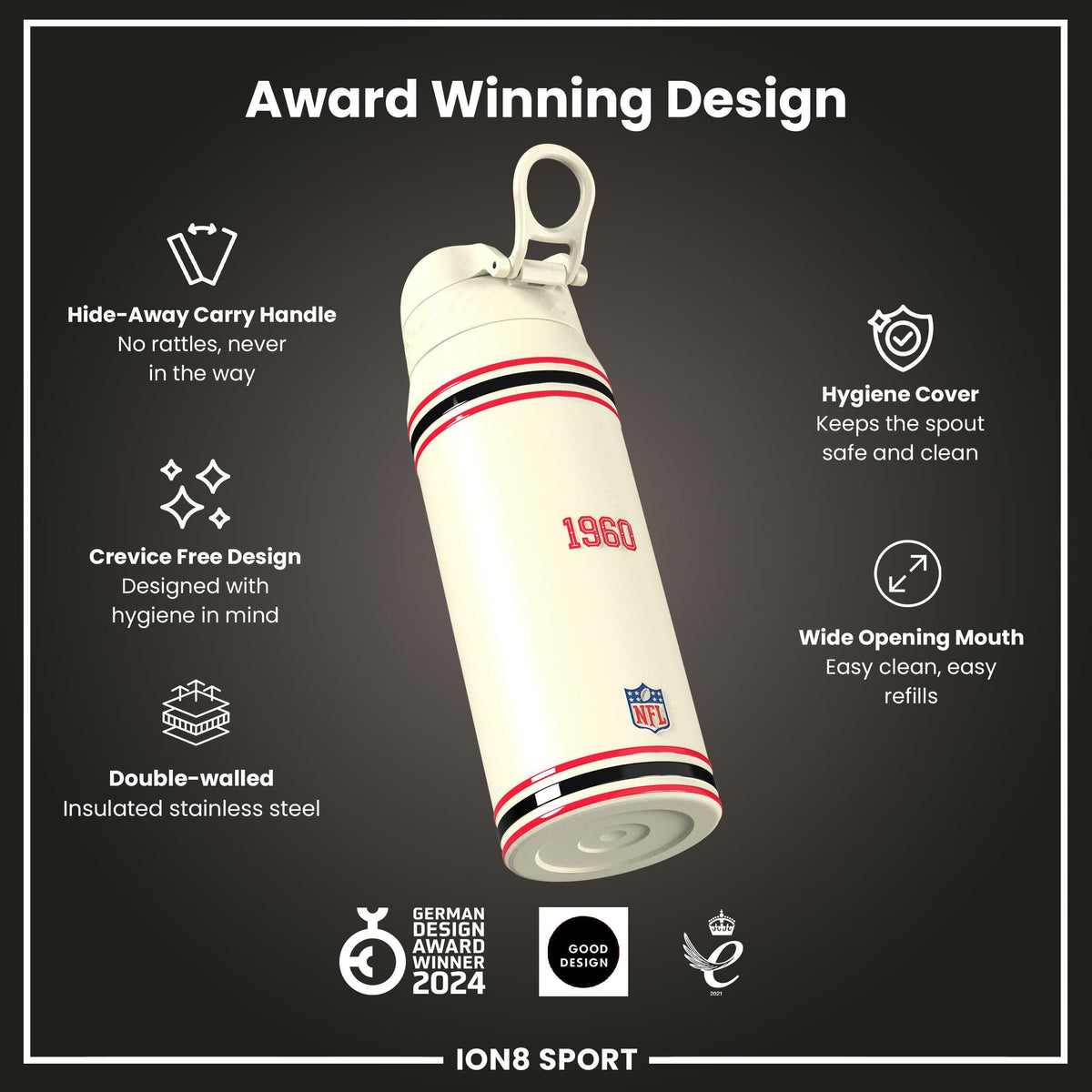 NFL x ION8 Insulated Steel Water Bottle, NFL Chiefs, 750ml (24oz)