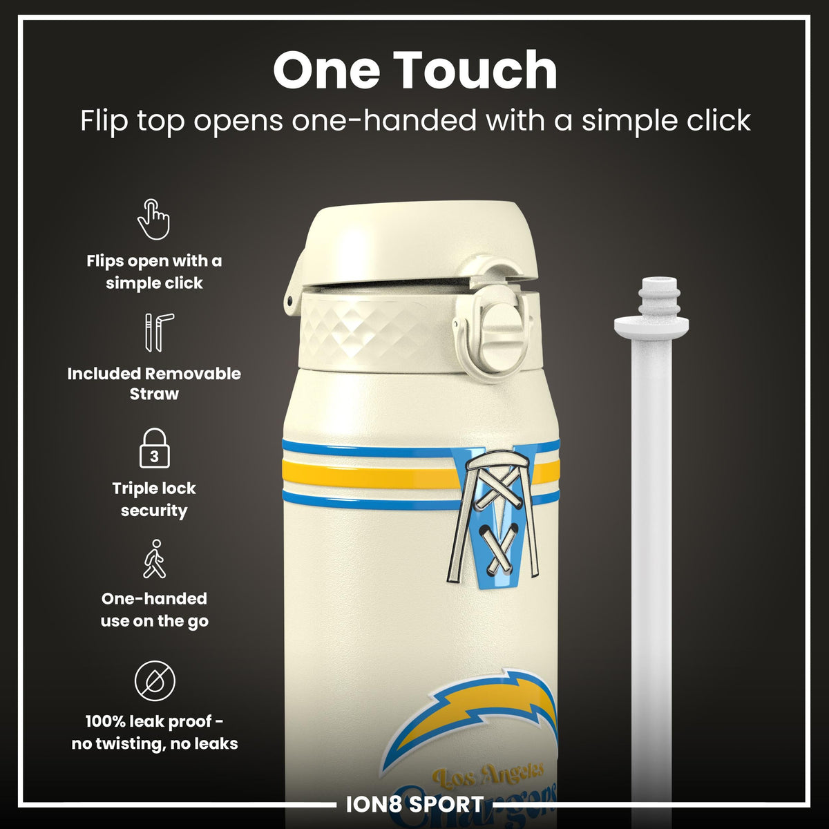 NFL x ION8 Insulated Steel Water Bottle, NFL Chargers, 750ml (24oz)