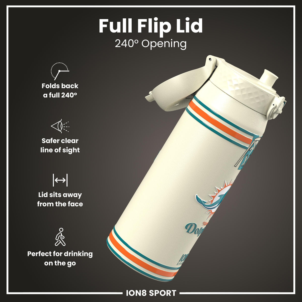 NFL x ION8 Insulated Steel Water Bottle, NFL Dolphins, 750ml (24oz)