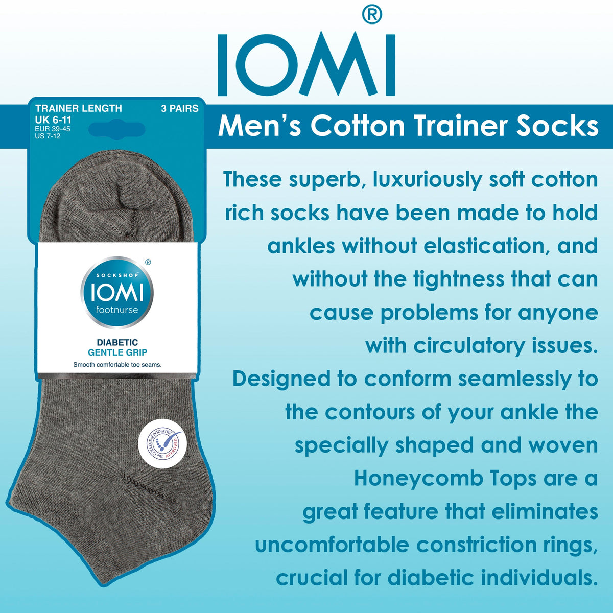 6 Pack Mens Diabetic Trainer Socks | Cushioned Foot Wide Ankle Socks