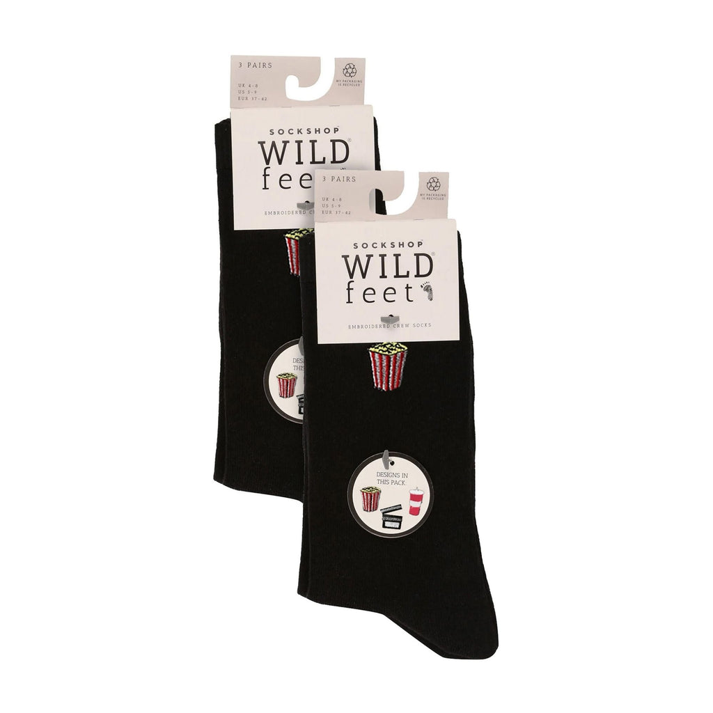 6 Pairs Ladies Multipack Black Novelty Socks: Embroidered Crew Cotton Socks
