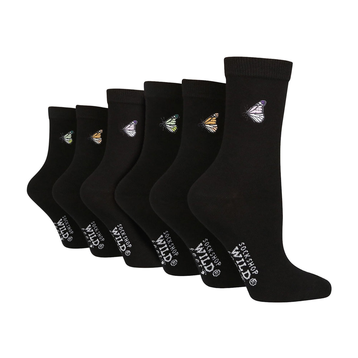 6 Pairs Ladies Multipack Black Novelty Socks: Embroidered Crew Cotton Socks