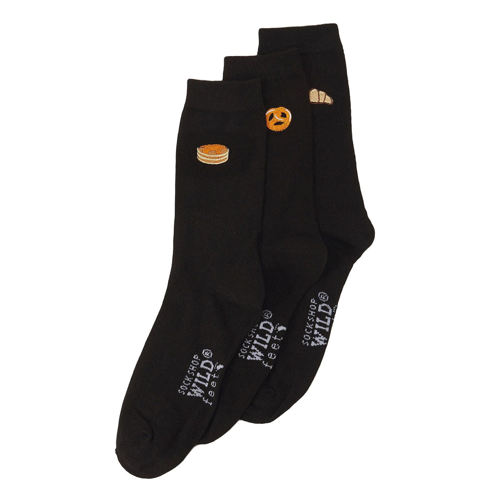 6 Pairs Ladies Multipack Black Novelty Socks: Embroidered Crew Cotton Socks