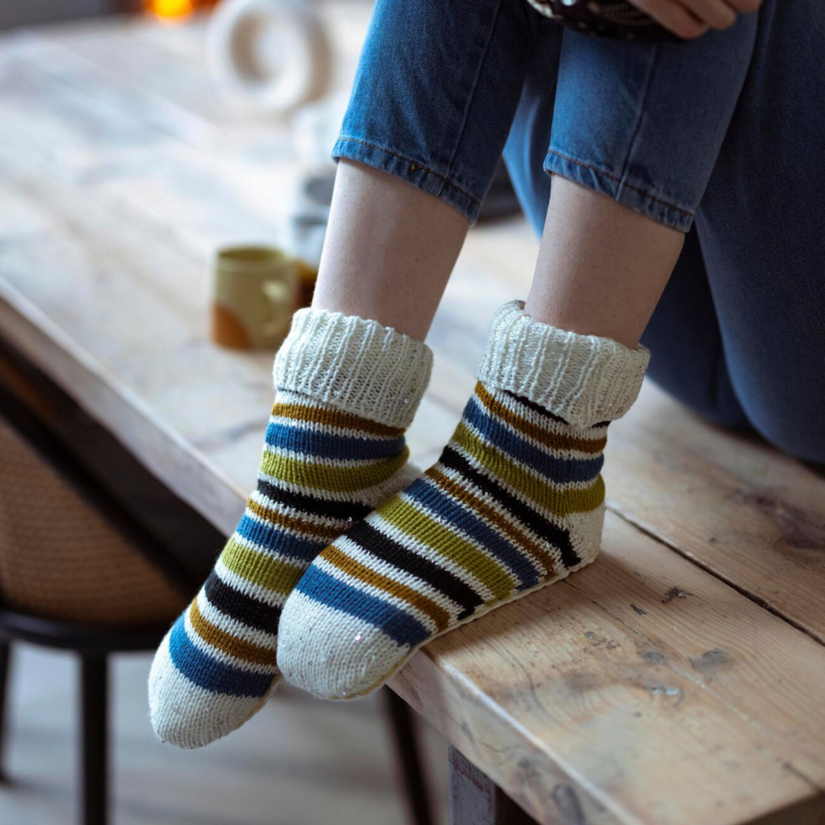 1 Pair Ladies Chunky Fair Isle Moccasin Grip Socks - Warm Winter Slipper Socks