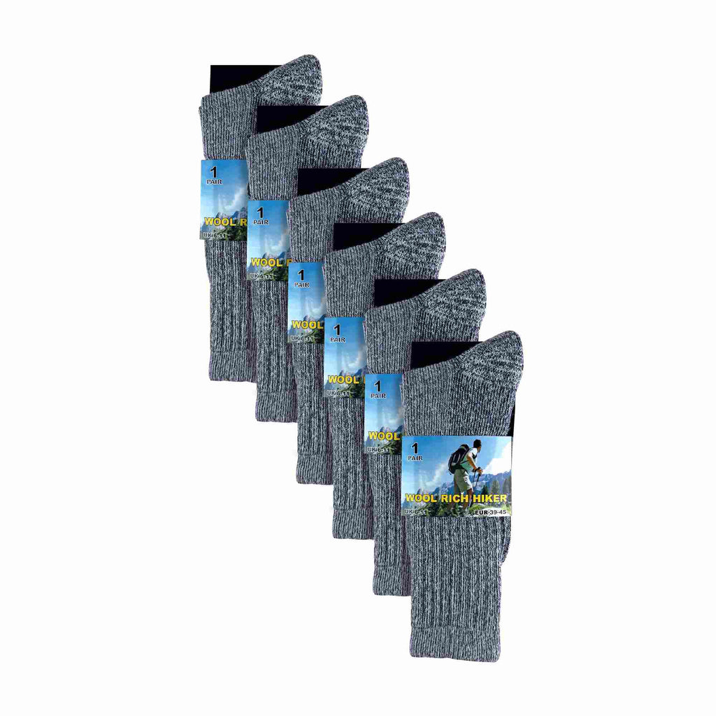 Mens 6 Pairs Multipack Crew Wool Socks: Reinforced Heel & Toe