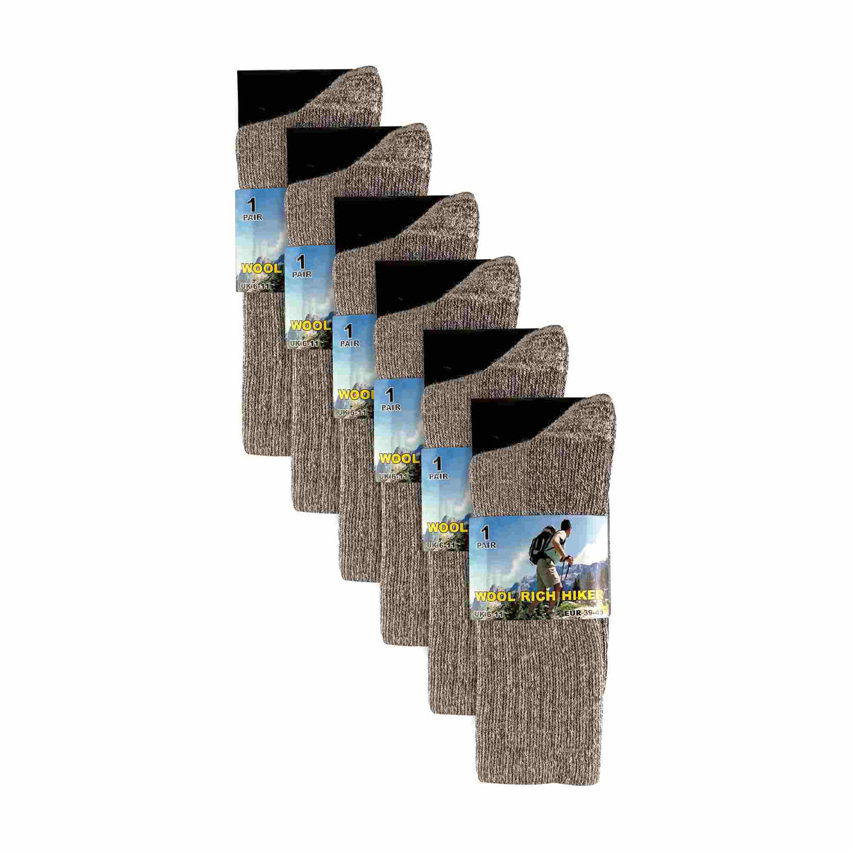 Mens 6 Pairs Multipack Crew Wool Socks: Reinforced Heel & Toe