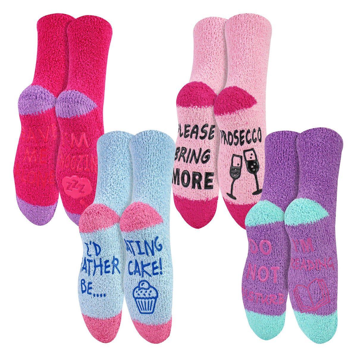 4 Pack Ladies Funny Cake Socks | Soft Fluffy Novelty Non Slip Gift Socks