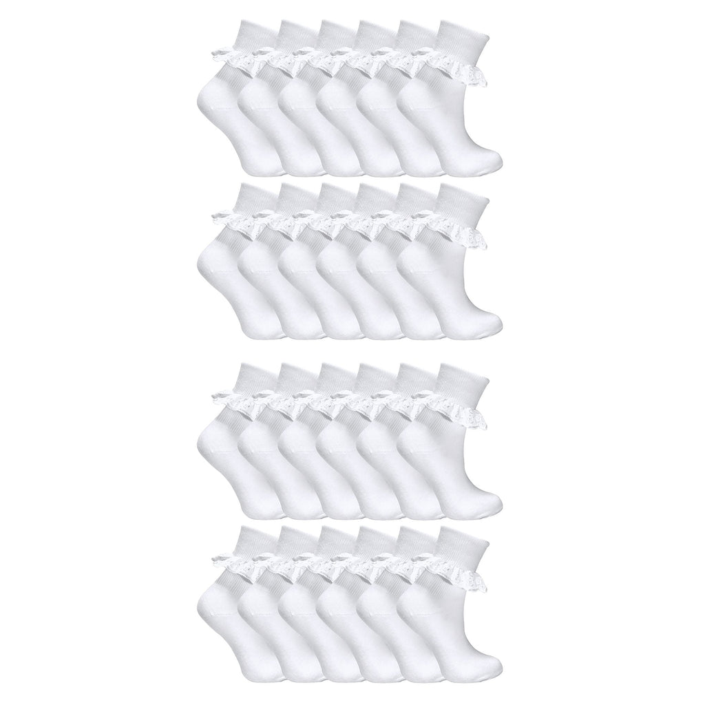 24 Pair Multipack White Frilly Lace Socks for Girls