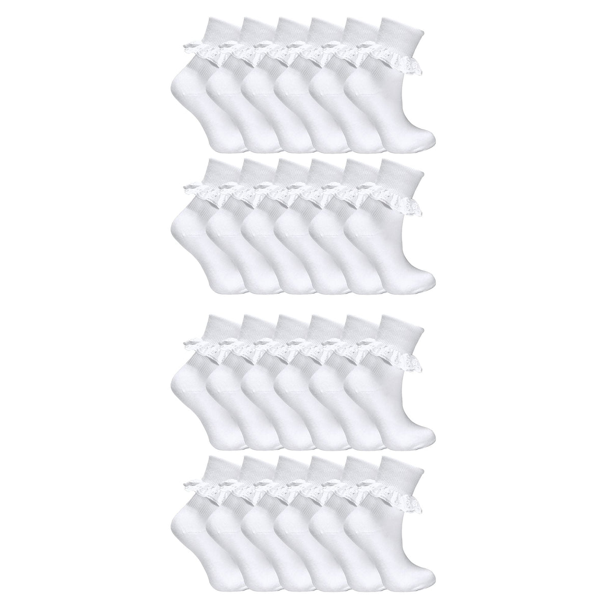 24 Pair Multipack White Frilly Lace Socks for Girls