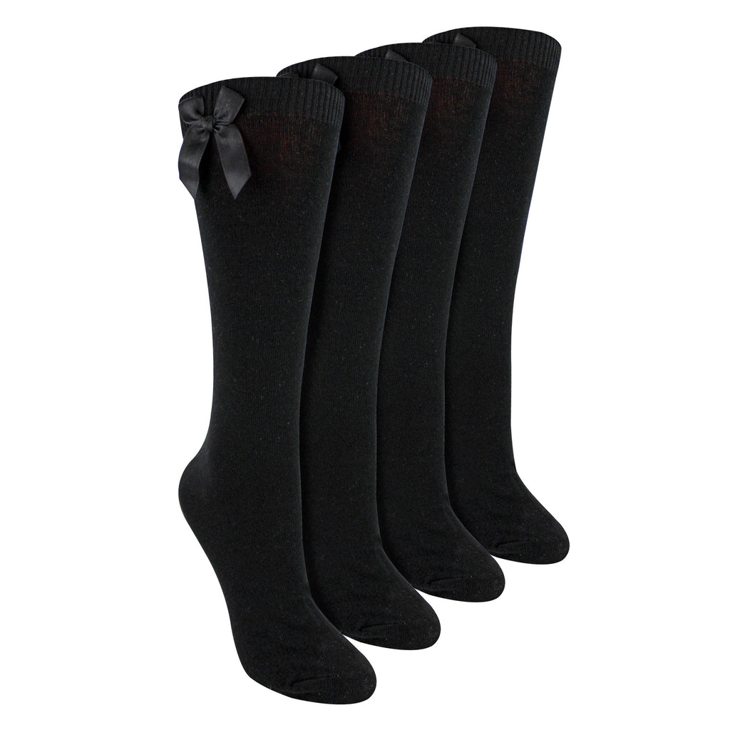 Girls 4 Pack Knee High School Socks with Ribbon Bow | Kids Plain Long Socks