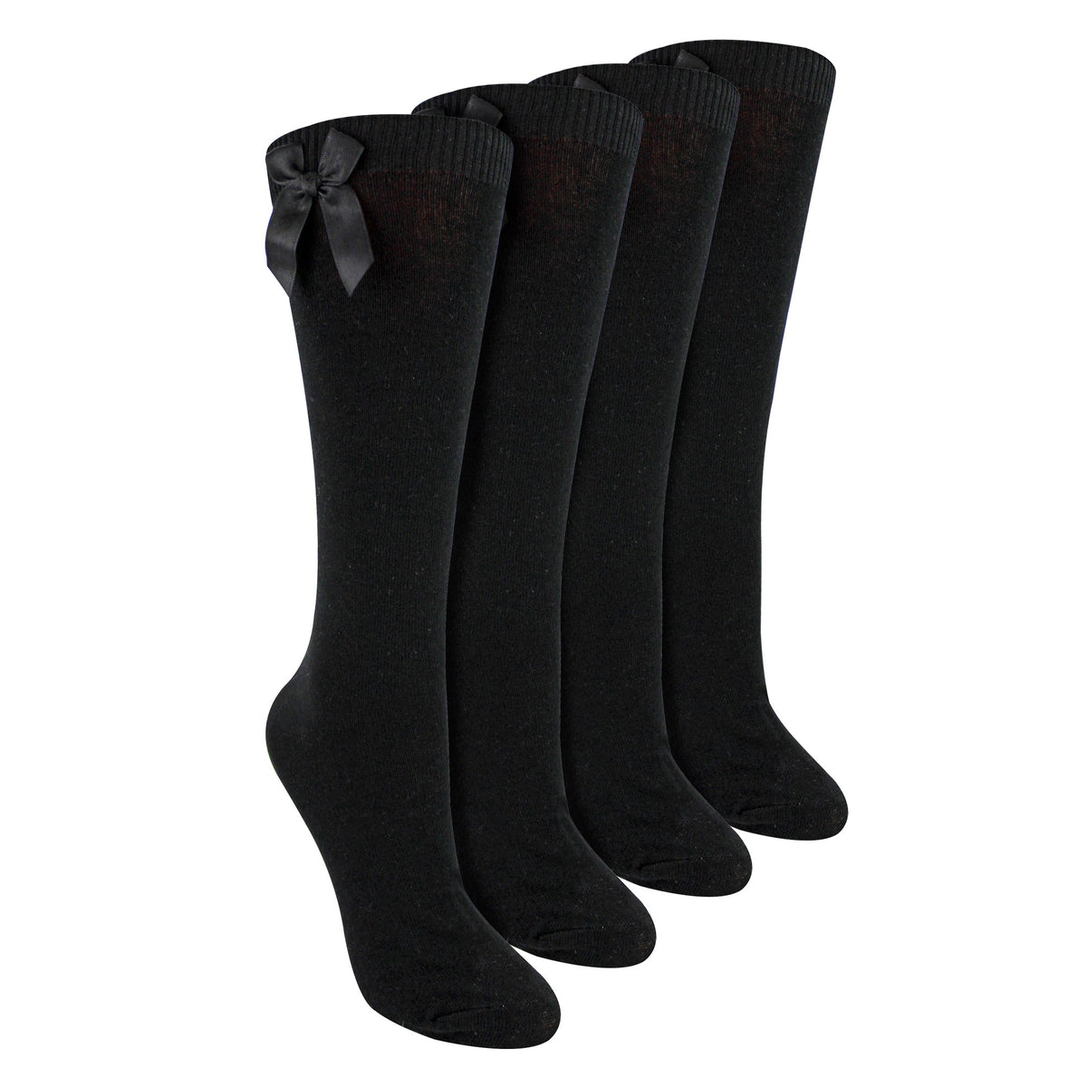 Girls 4 Pack Knee High School Socks with Ribbon Bow | Kids Plain Long Socks