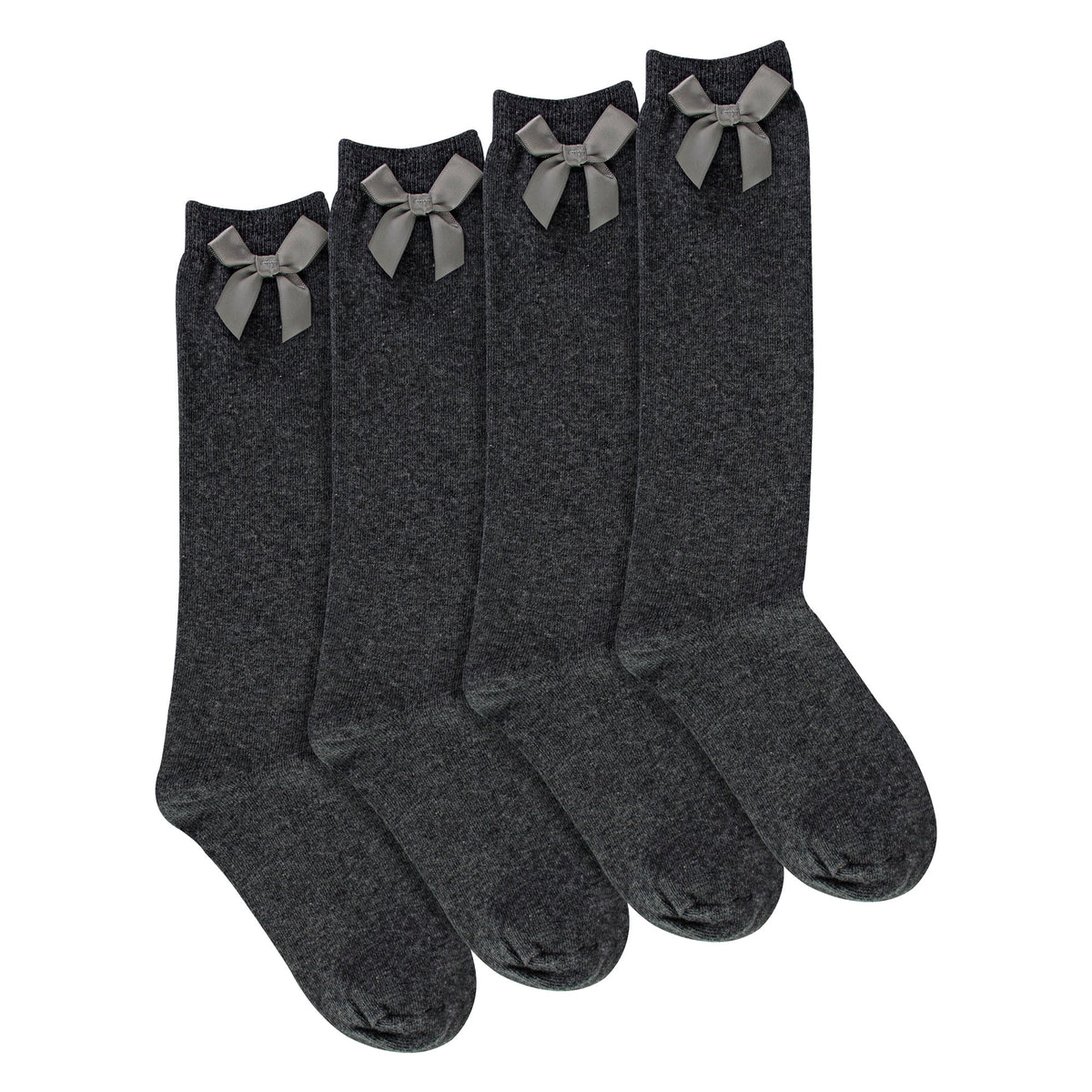 Girls 4 Pack Knee High School Socks with Ribbon Bow | Kids Plain Long Socks