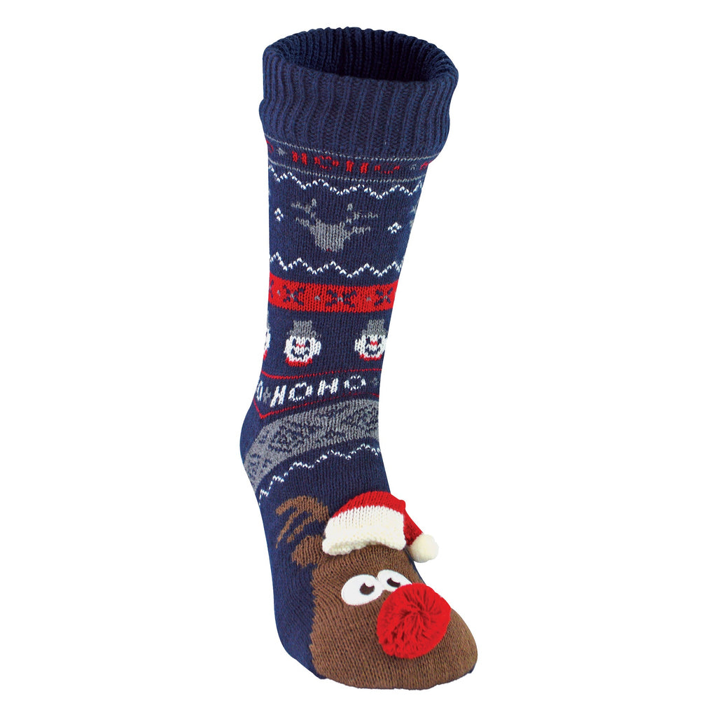 Mens Thermal Rudolph Design Christmas Fleece Lined Slipper Socks