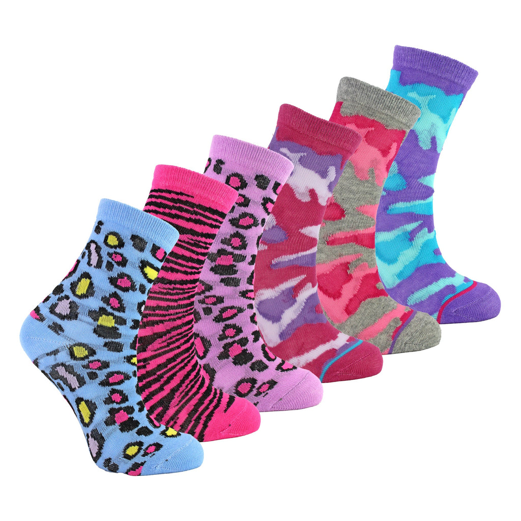6 Pack Girls Animal Print Cotton Socks | Colourful Camo Patterned Socks