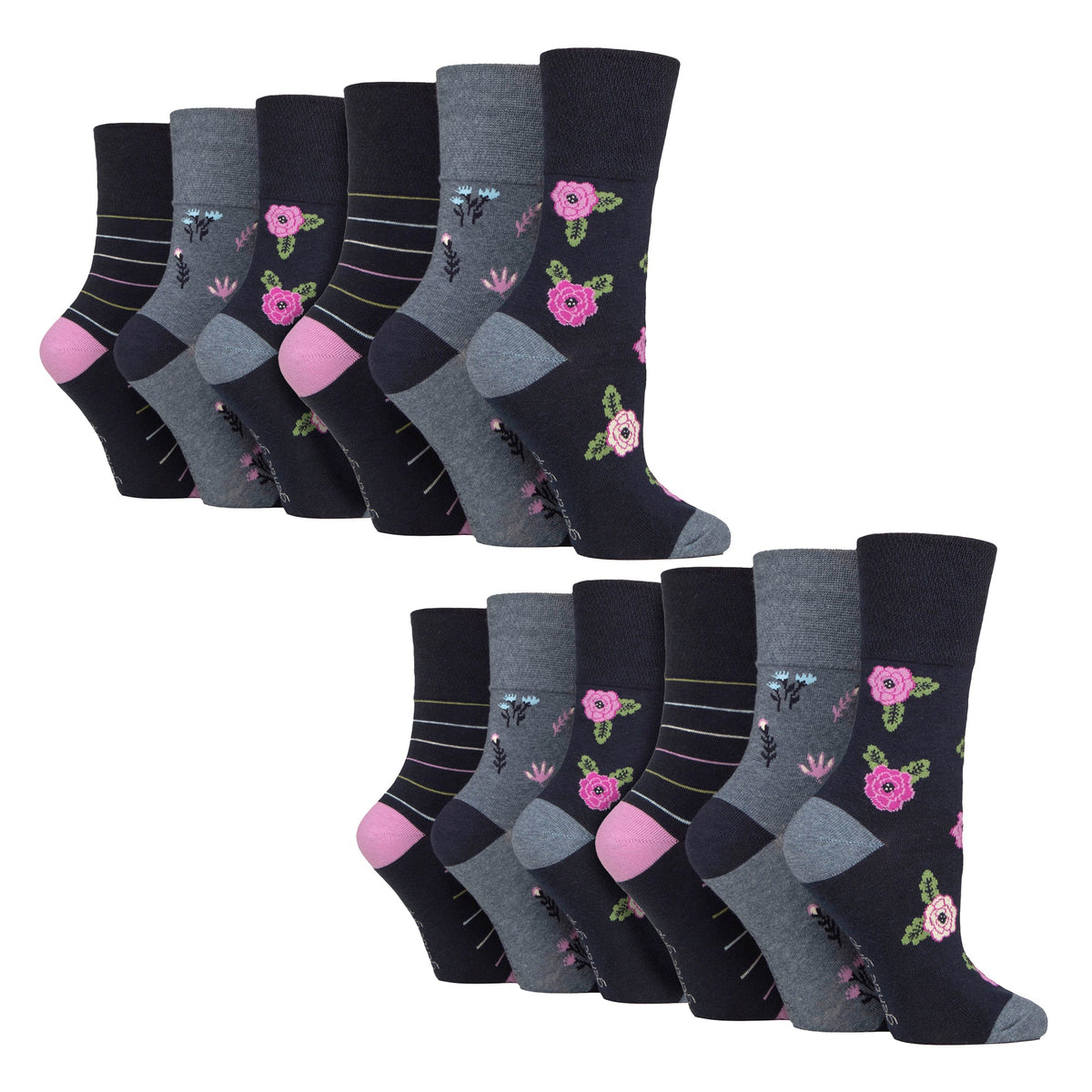 12 Pairs Ladies Cotton Socks | Patterned Soft Non-Binding Everyday Socks