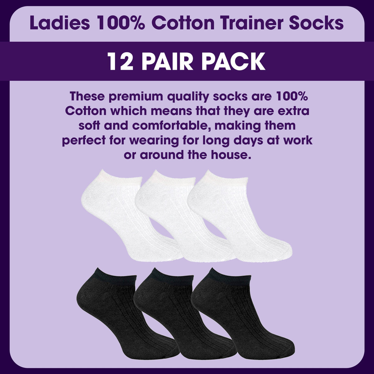 12 Pack Womens 100% Cotton Trainer Socks