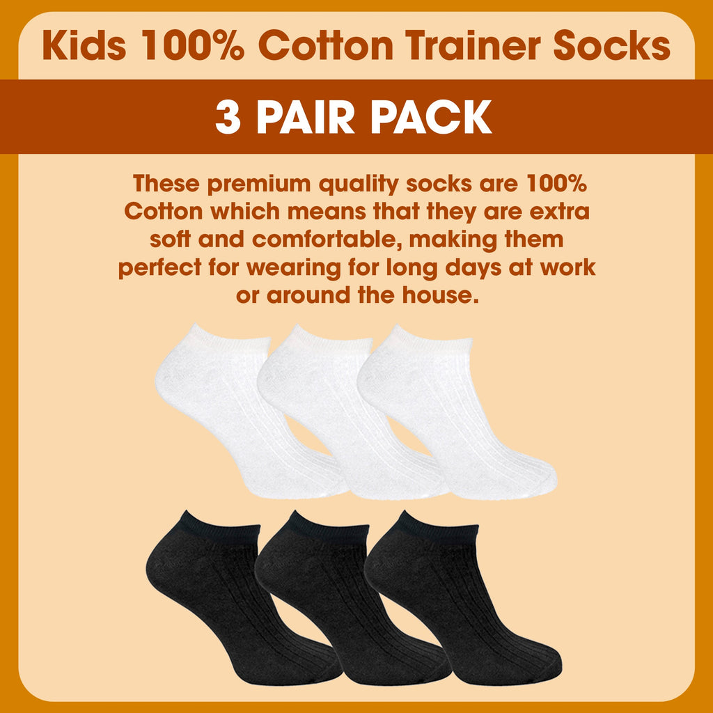 3 Pack Kids 100% Cotton Trainer Socks