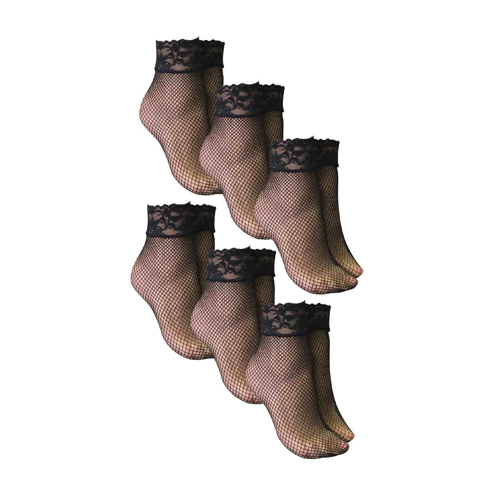 6 Pack Ladies Low Cut Fishnet Ankle Socks with Lace Trim