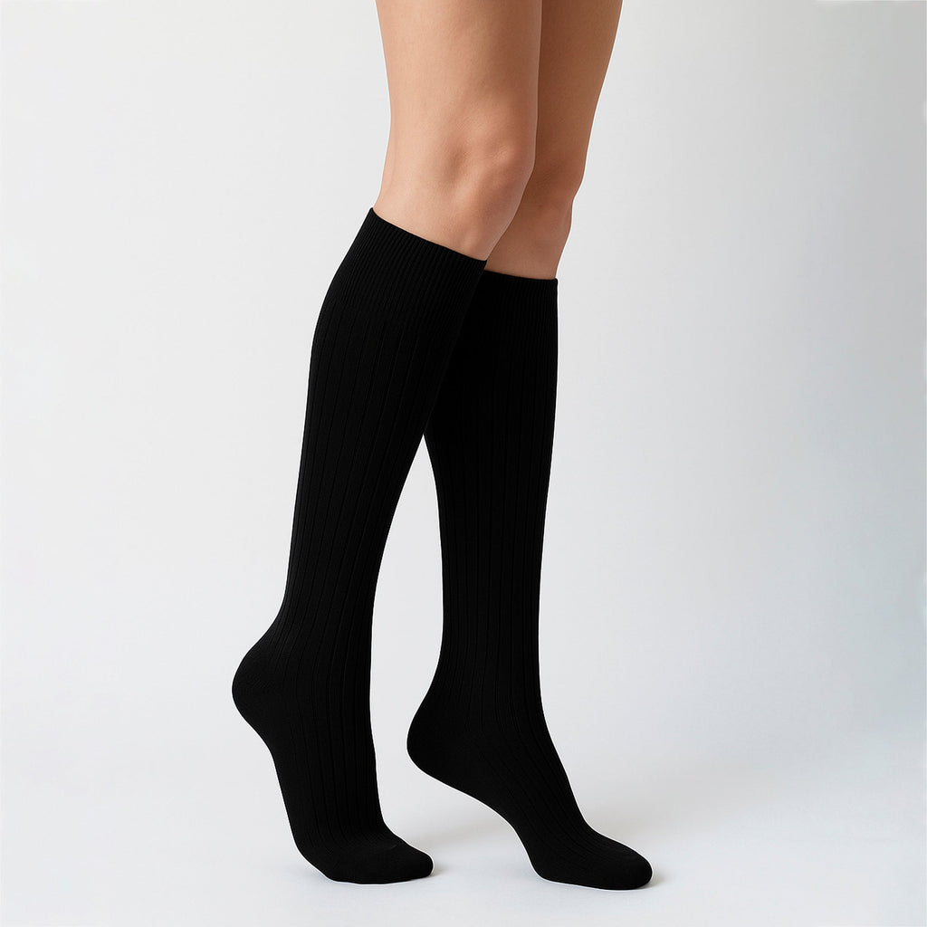 6 Pairs Ladies 100% Cotton Knee High Socks | Long Ribbed Non Elastic Top Socks