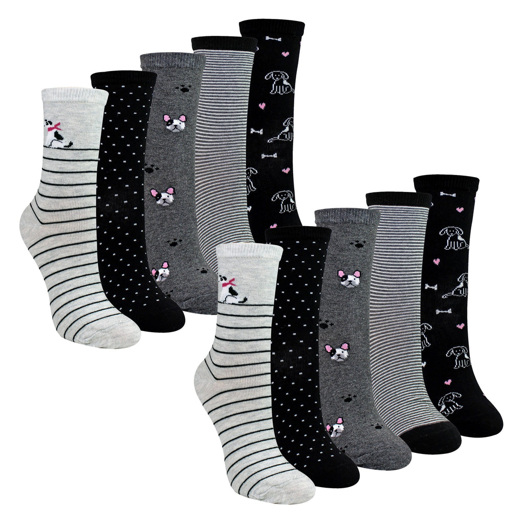 10 Pairs Ladies Dog Patterned Socks - Soft Cotton Rich Fun Dog Design Socks