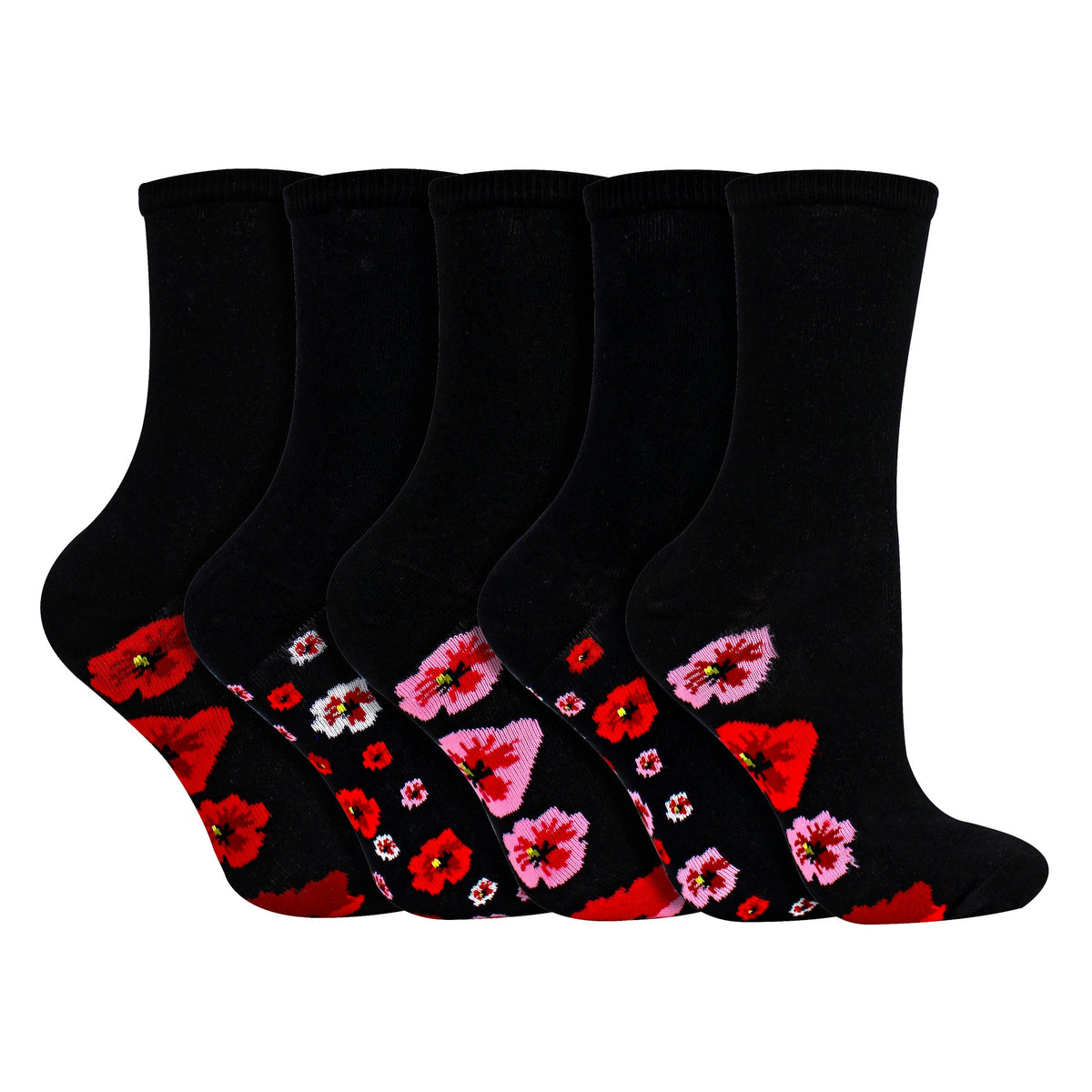 5 Pairs Ladies Poppy Footbed Socks - Soft Cotton Rich Floral Everyday Socks