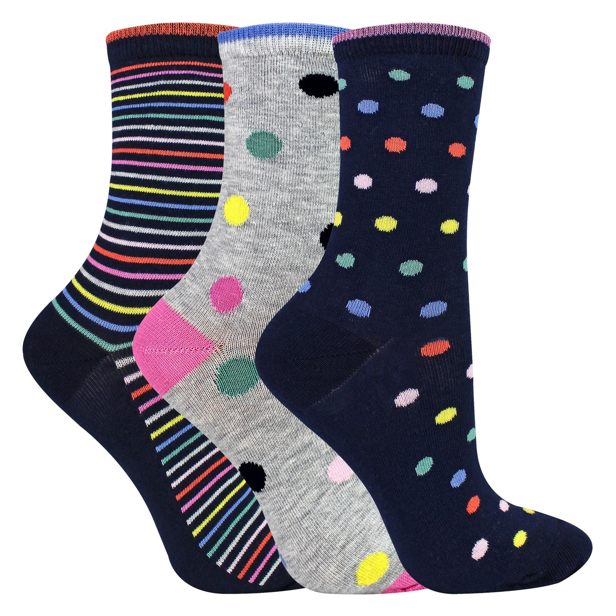 6 Pairs Ladies Spots and Stripe Patterned Socks- Soft Cotton Rich Everyday Socks