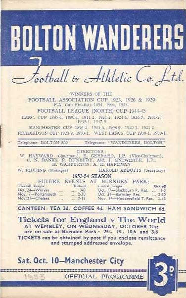 Bolton Wanderers v Manchester City 10th October 1953 Official Matchday Programme