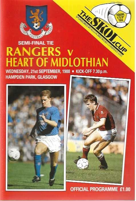 1988 Skol Cup Semi Final Rangers v Hearts 21st September 1988 Official Matchday Programme