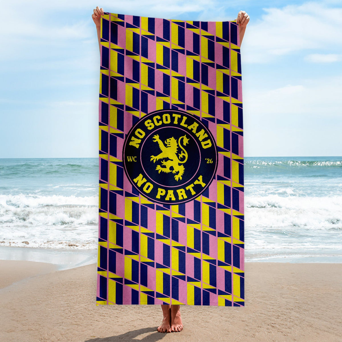 No Scotland No Party - Yellow & Pink Retro Pattern - Beach Towel - Microfibre Retro Beach Towel - 150cm x 75cm
