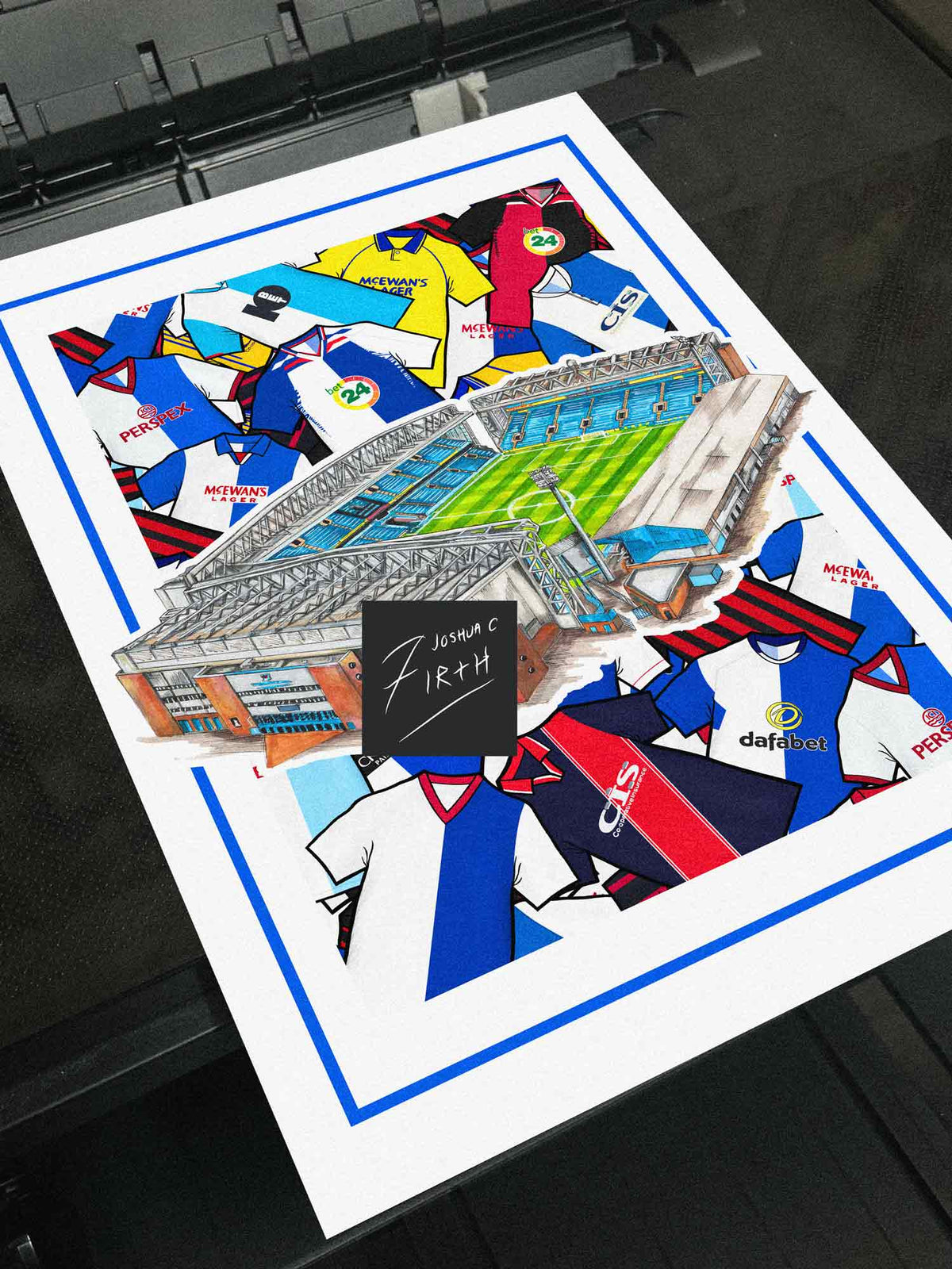 Blackburn Kit Collage Retro Shirts & Stadium Football Print