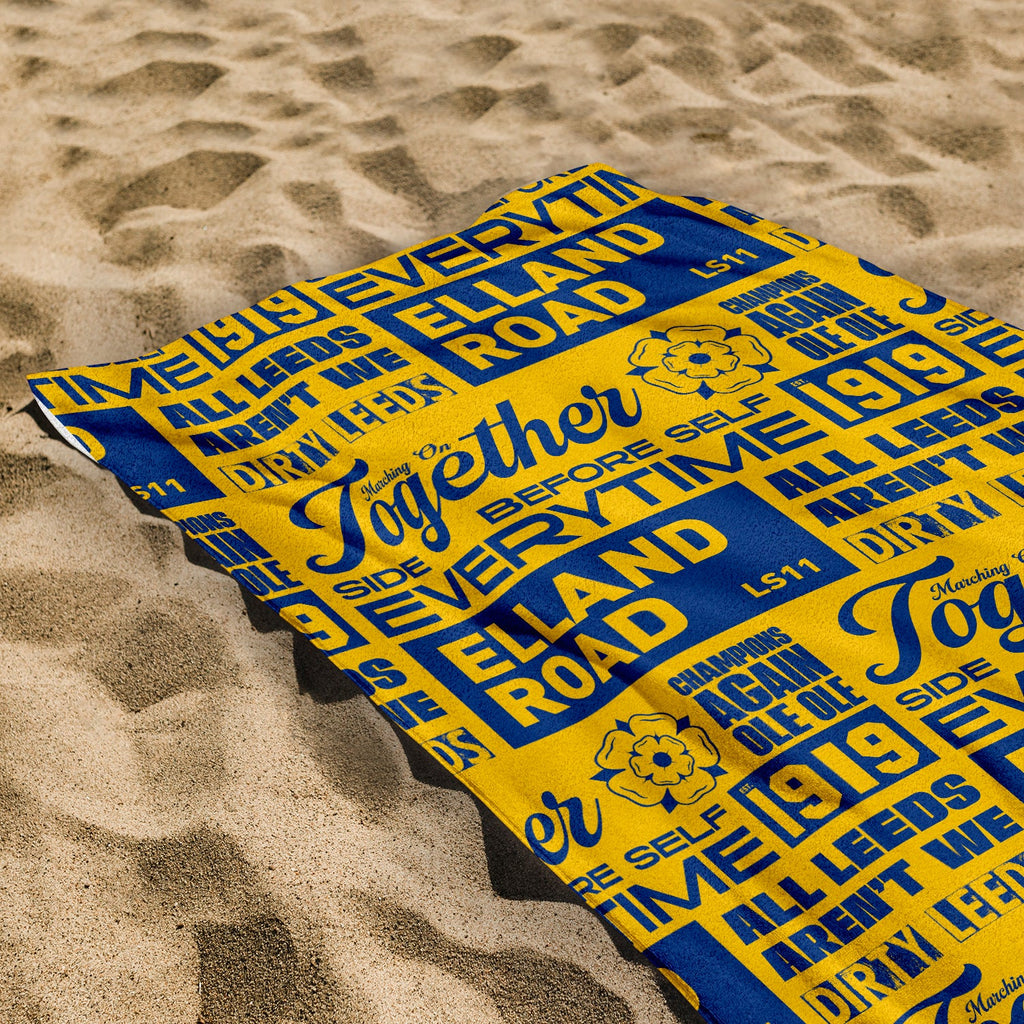 Leeds - Word Montage - Yellow & Blue Beach Towel - Microfibre Retro Beach Towel - 150cm x 75cm